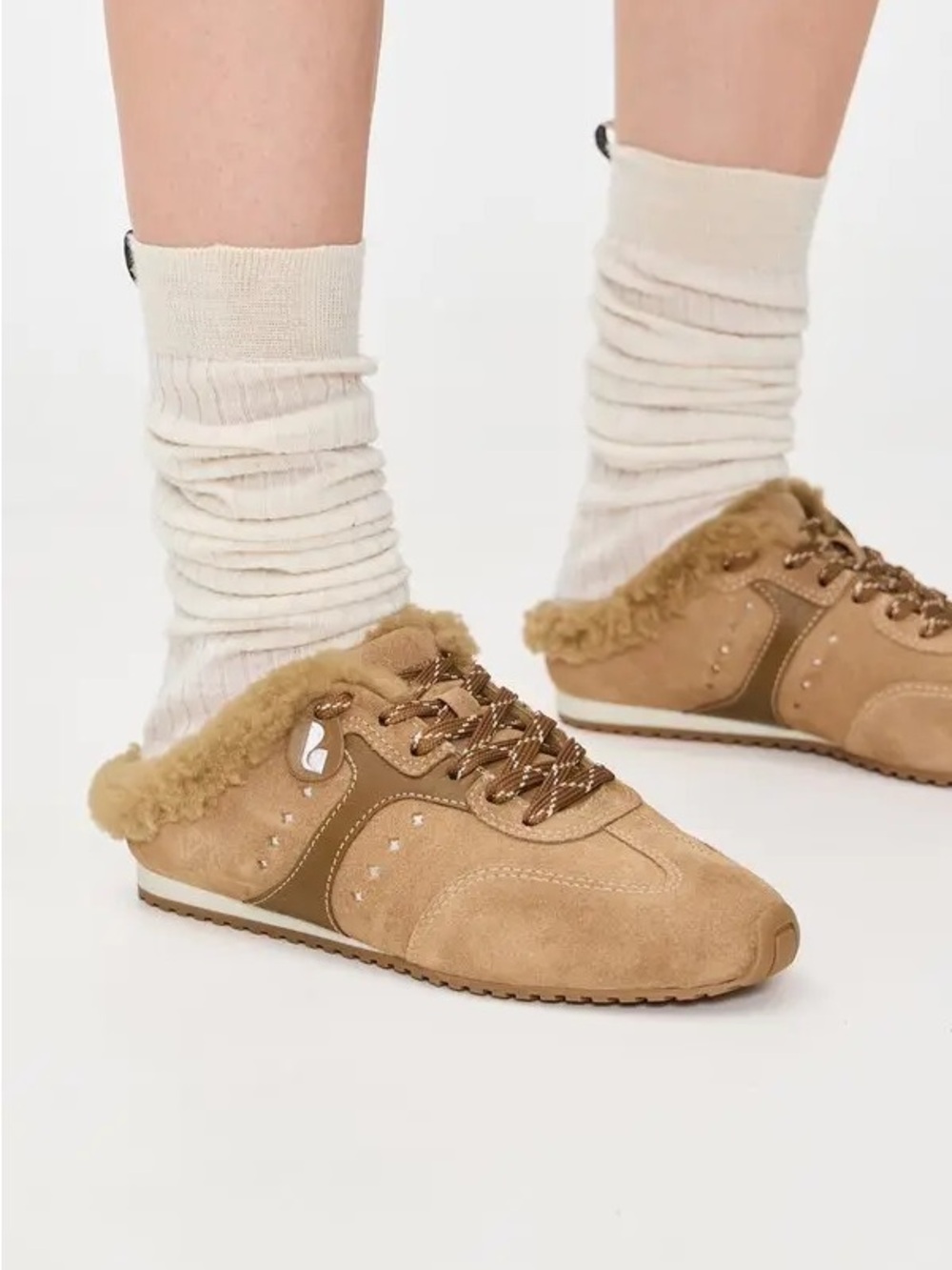 New Larroude Stella Tan Shearling Mule Sneakers - size 8